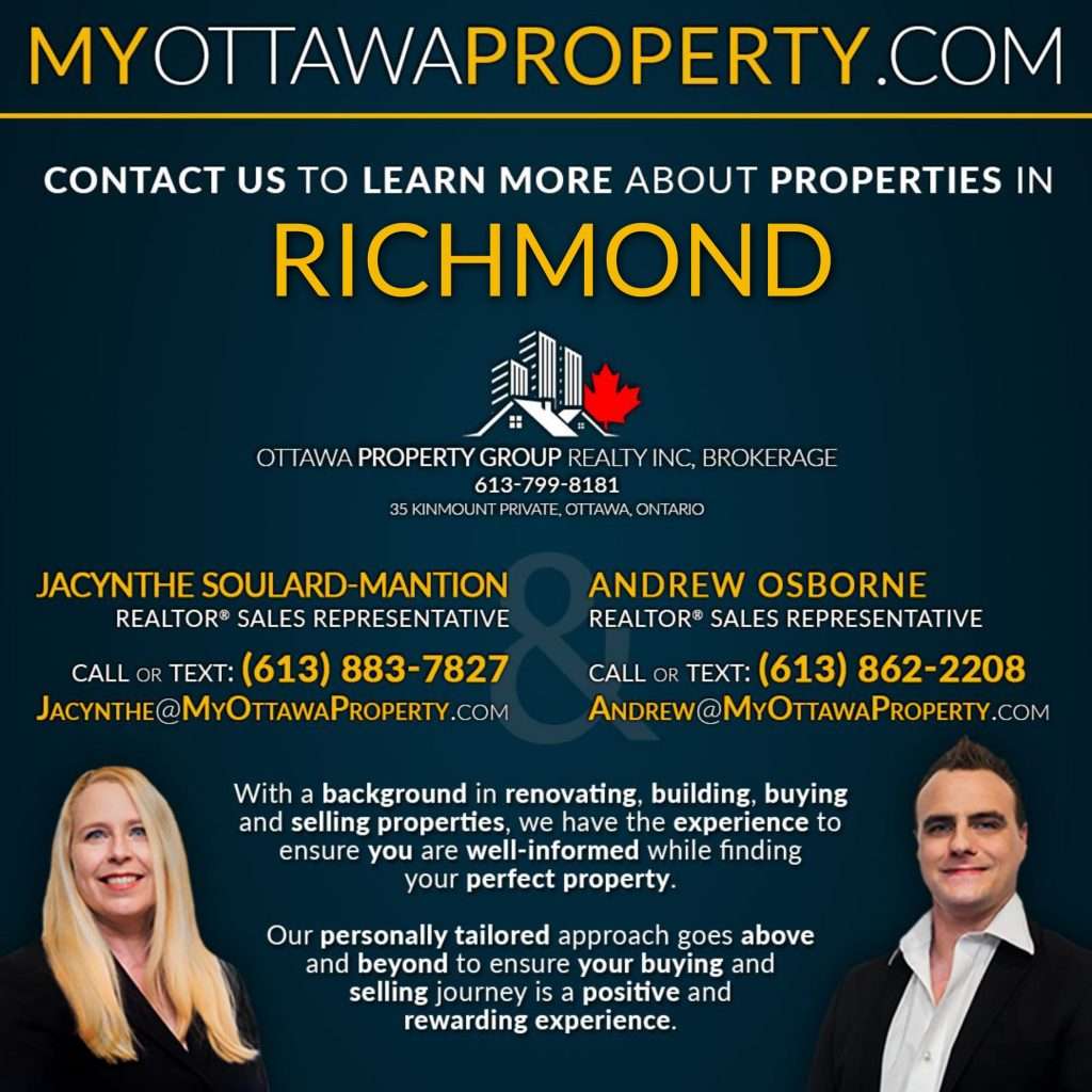A promotional image for MyOttawaProperty.com, highlighting properties in Richmond. It features contact info for realtors Jacynthe and Andrew, with a background in renovating and selling properties. The logo of Ottawa Property Group Realty is included, along with the Richmond Real Estate Market Report for April 2024.