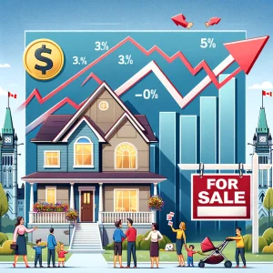 An illustration showing the impact of the Bank of Canada's policy rate cut on the Ottawa real estate market. The scene includes a house with a 'For Sale' sign, a graph indicating a downward trend in interest rates, and happy families with potential buyers looking at houses. The background features Ottawa's Parliament buildings, indicating the local context. The overall vibe is positive and bustling, reflecting increased buyer activity and affordability.